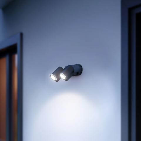Steinel Spot Duo S LED spotlight on wall, adjustable dual heads, anthracite finish, outdoor motion sensor light for security.