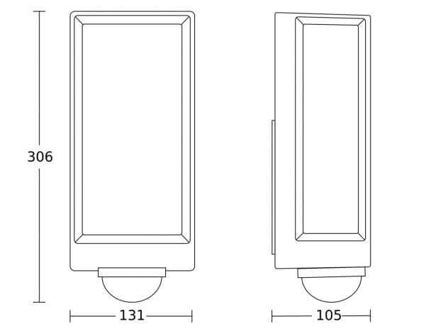 Dimensions and design sketch of the Steinel L 42 C Outdoor Porch Sensor Light, Bluetooth outdoor porch light.