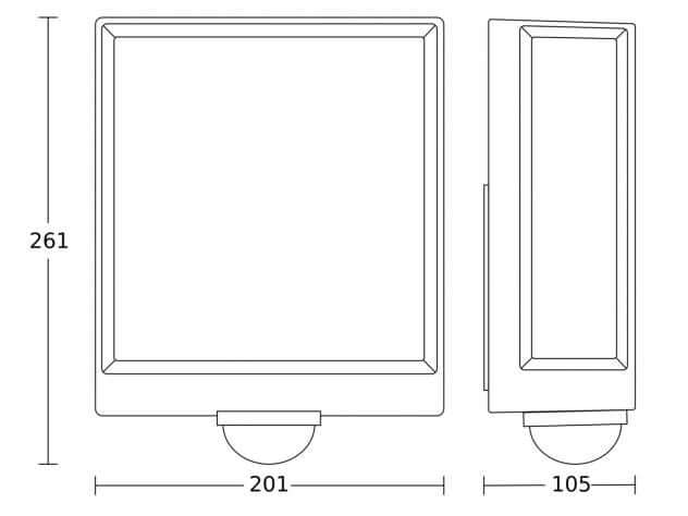 Dimensions of Steinel L 40 SC outdoor porch sensor light including height, width, and depth measurements.