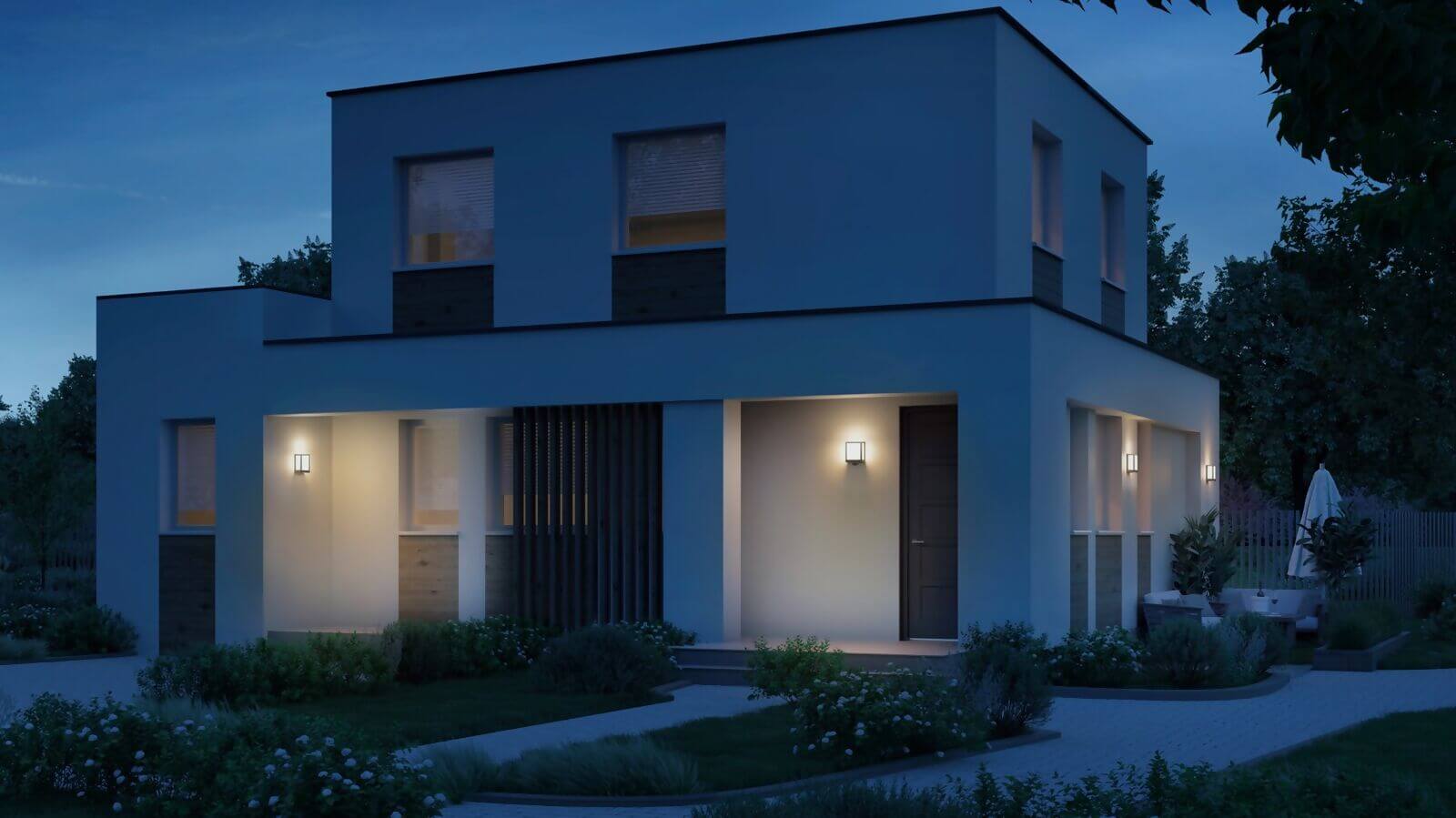 Modern home exterior with Steinel L 40 SC outdoor porch sensor light illuminating entrance at night.