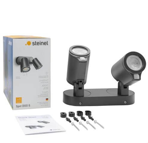 Steinel Spot Duo S sensor spotlight with box, adjustable 15W LED outdoor light, anthracite finish, wireless security features.